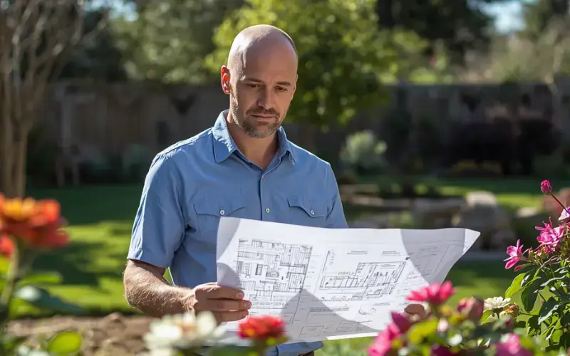 Owner of Sierra Verde Landscaping reviewing a project plan