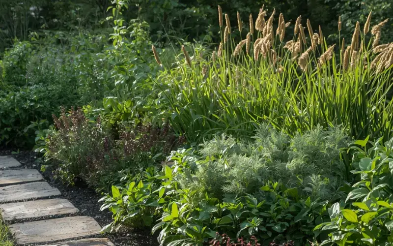 Completed garden bed with native plants along a stone path
