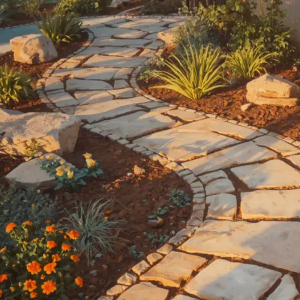 Stone pathway leading through a landscaped side yard