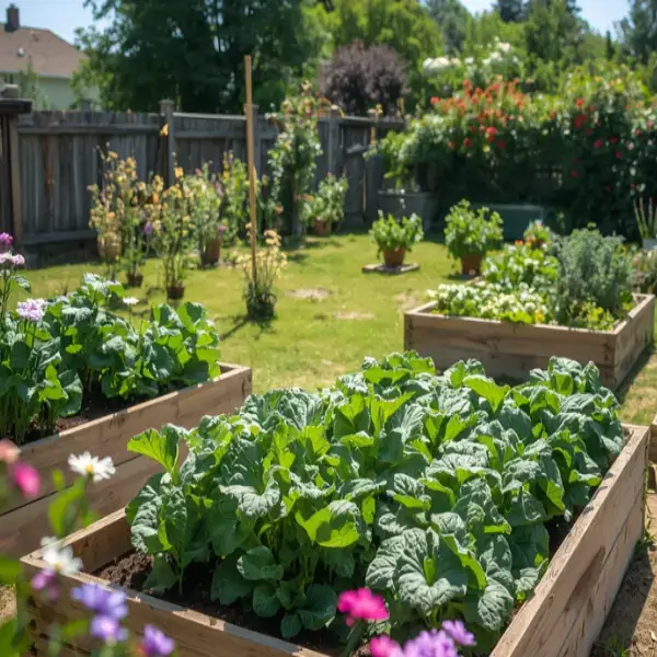 Raised garden beds with vegetable plantings