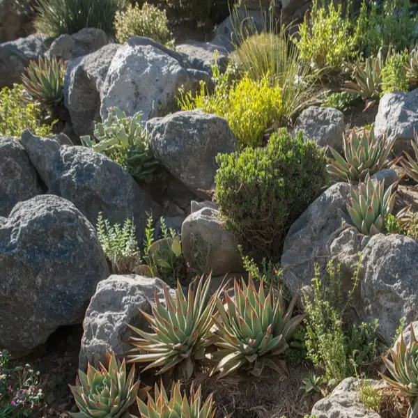 Rock garden with drought-tolerant succulents and ground cover