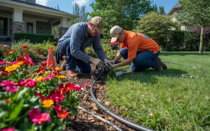 Crew installing a drip irrigation system in a residential yard