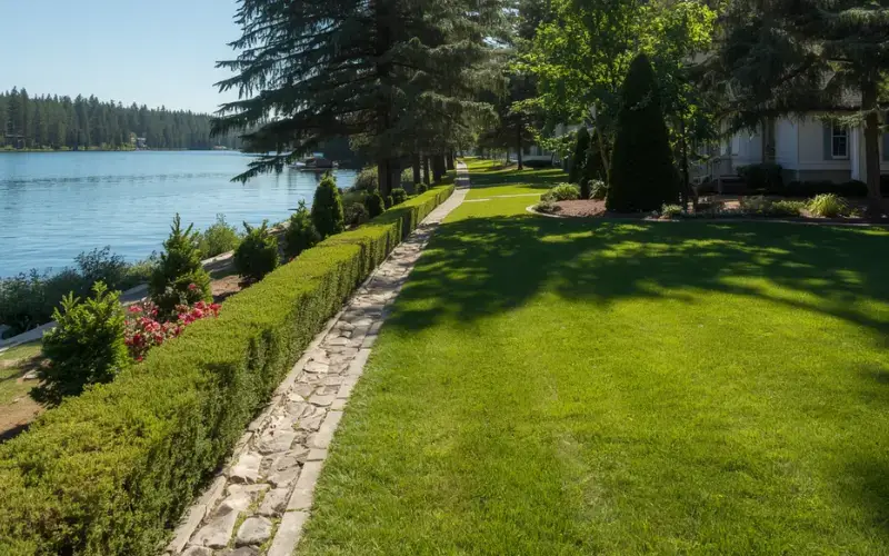 Freshly edged lawn with trimmed shrubs at a lakeside property